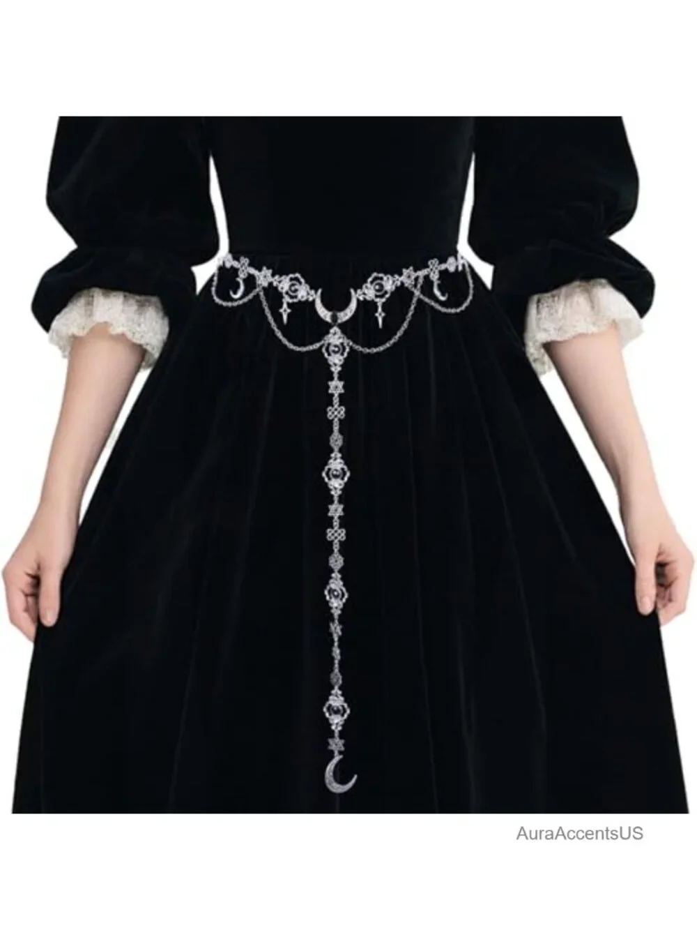 Medieval Chain Belt with Tassels, Star and Moon Charms, Adjustable Lobster Clasp
